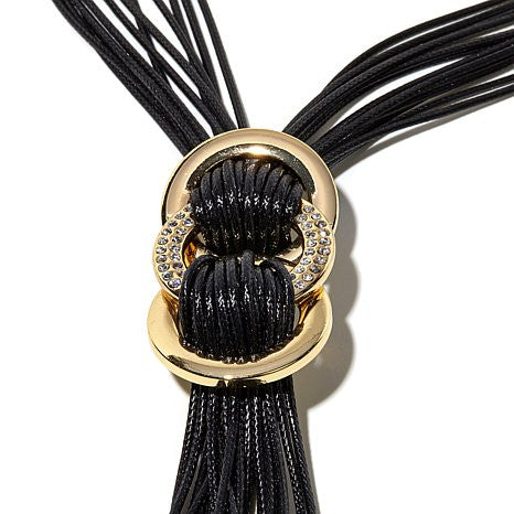 Roberto by RFM "Nodi" Pavé Crystal Goldtone Black Cord 24-7/8" Tassel Necklace